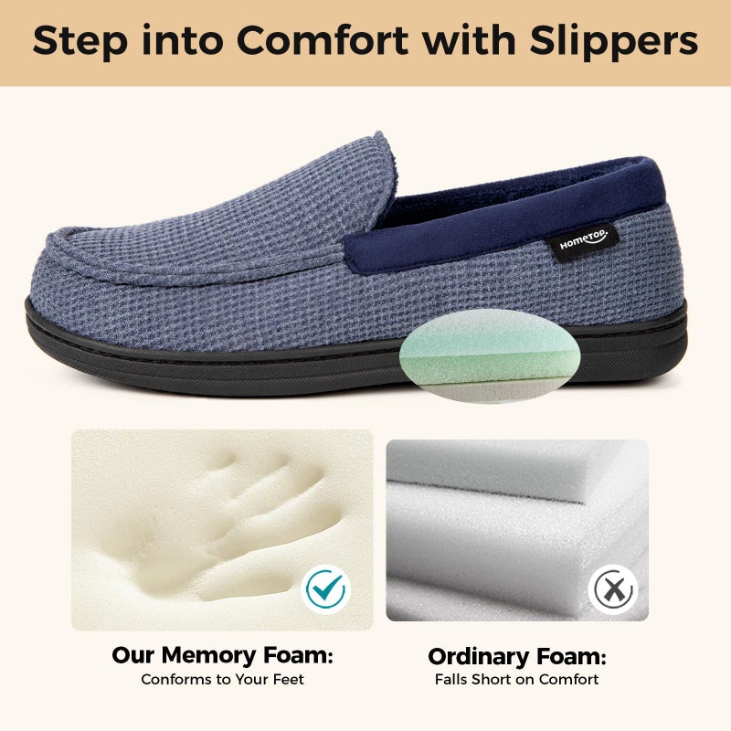 HomeTop Men's Comfort Memory Foam Moccasin Slippers, Breathable Cotton Knit Terry Cloth House Shoes for Indoor Outdoor (11 D(M) US, Demin Blue) - Image 3